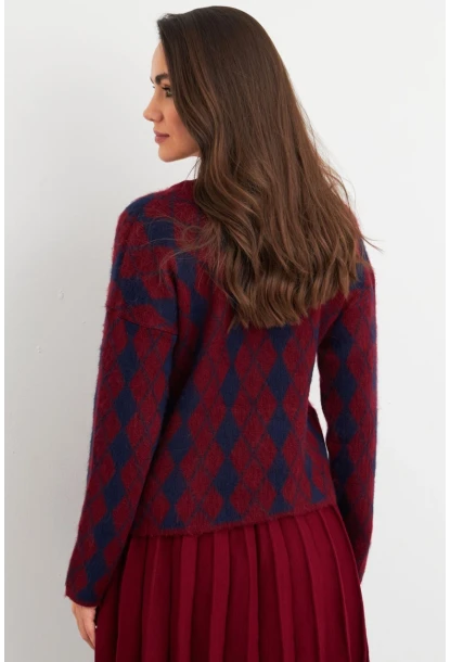 Kadın Bordo-Lacivert Düğme Detaylı Hırka ELT12022