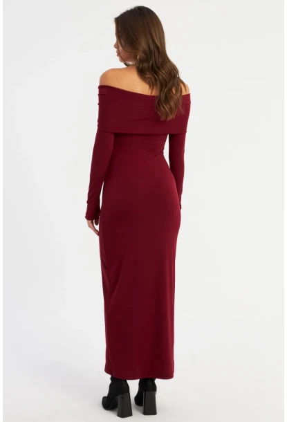 Kadın Bordo Madonna Yaka Maxi Elbise LİK10