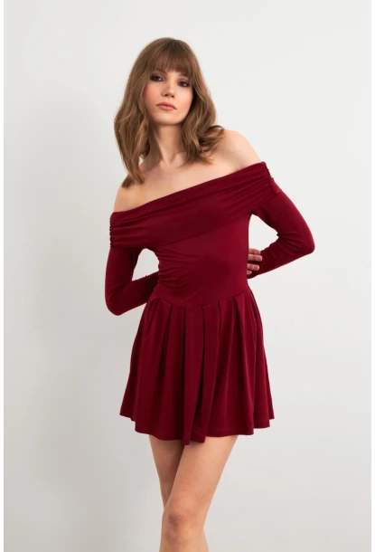 Kadın Bordo Madonna Yaka Midi Elbise MON1262