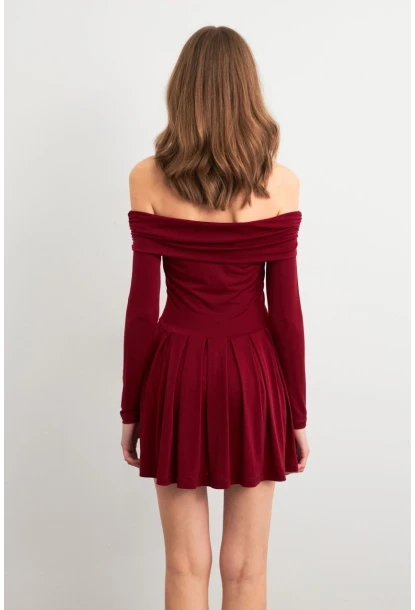 Kadın Bordo Madonna Yaka Midi Elbise MON1262