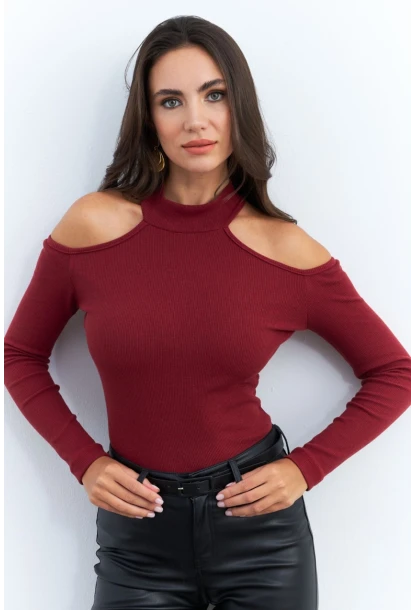 Kadın Bordo Omuzları Açık Kaşkorse Bluz EY2590