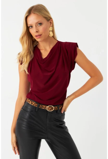 Kadın Bordo Omuzları Vatkalı Degaje Bluz ELT3234