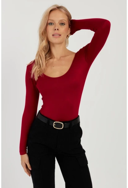 Kadın Bordo Ön Arka U Yaka Bluz LPP1265