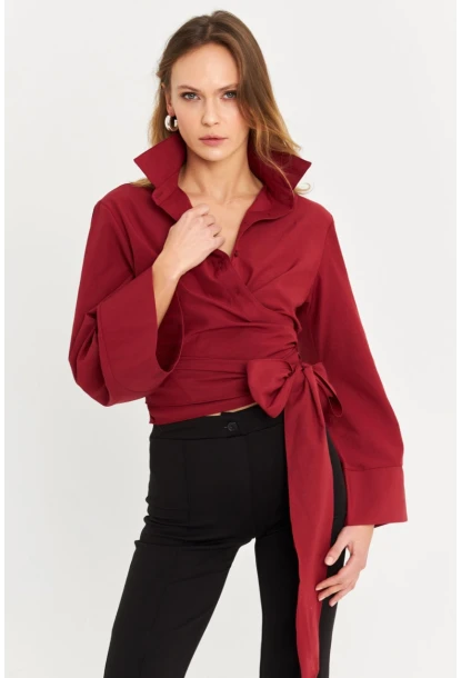 Kadın Bordo Önü Bağlamalı İspanyol Kol Gömlek MON142