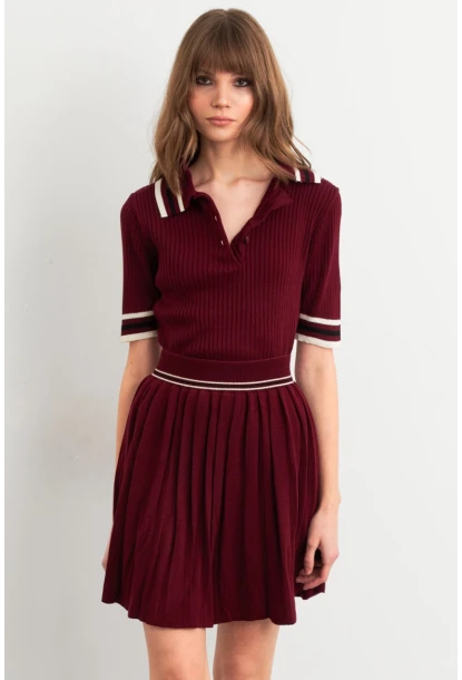 Kadın Bordo Polo Yaka Etekli Takım SF2558