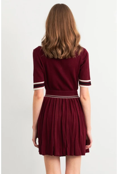 Kadın Bordo Polo Yaka Etekli Takım SF2558