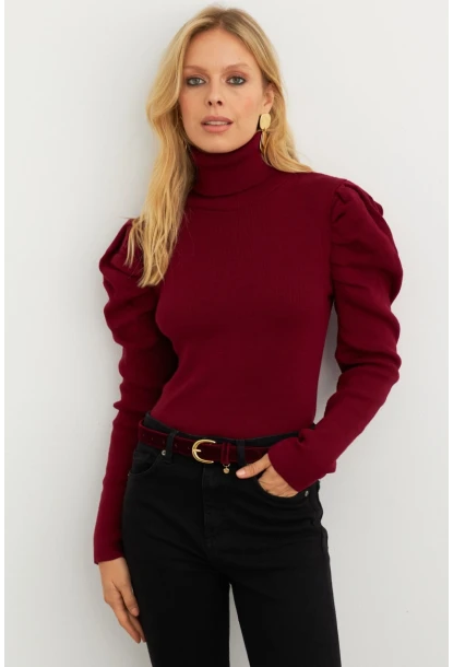Kadın Bordo Prenses Kol Balıkçı Yaka Triko Bluz SF2555