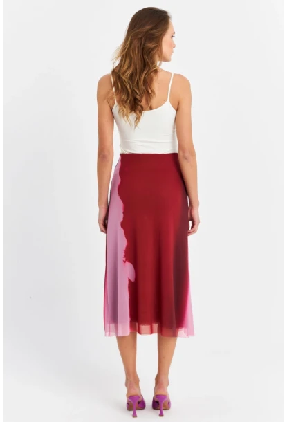 Kadın Bordo-Pudra Kontrast Renkli Tül Etek ZH11
