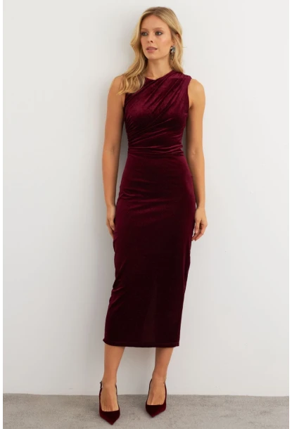 Kadın Bordo Simli Drapeli Maxi Elbise KED4481