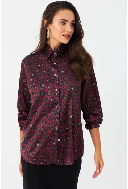 Kadın Bordo-Siyah Leopar Desenli Saten Gömlek MRAD5901-1