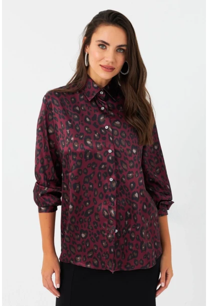 Kadın Bordo-Siyah Leopar Desenli Saten Gömlek MRAD5901-1