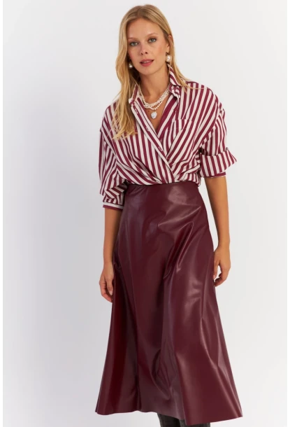 Kadın Bordo Suni Deri Çan Etek ELA113