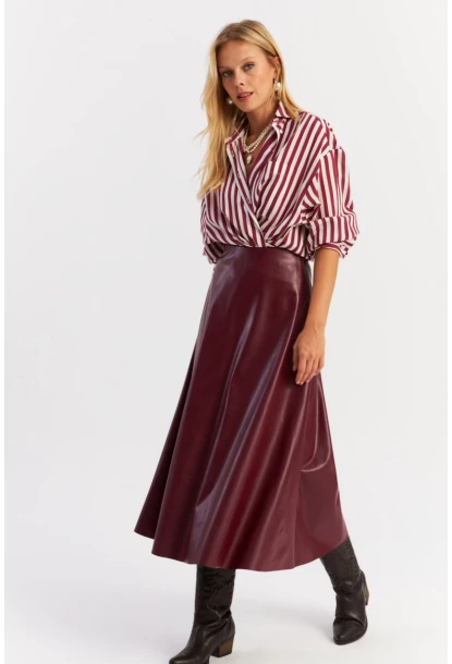 Kadın Bordo Suni Deri Çan Etek ELA113