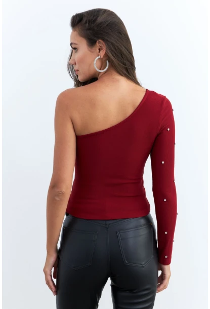 Kadın Bordo Taşlı Tek Kol Crop Bluz HOL2