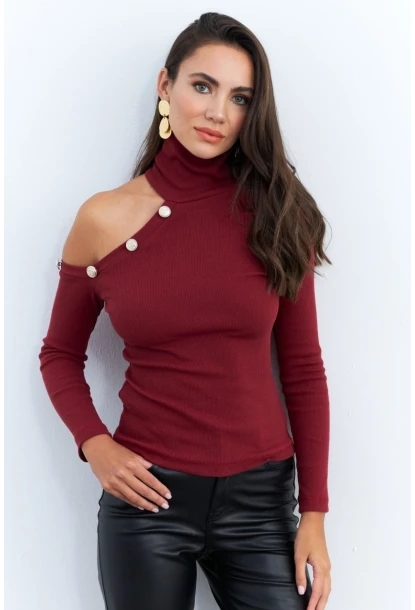 Kadın Bordo Tek Omuz Açık Kaşkorse Balıkçı Bluz EY2947