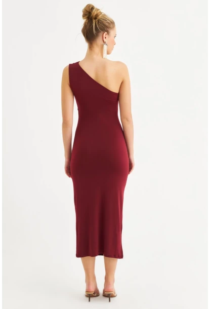 Kadın Bordo Tek Omuz Büzgülü Midi Elbise DMR294-90