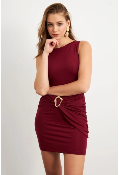 Kadın Bordo Toka Detaylı Büzgülü Mini Elbise KED2365