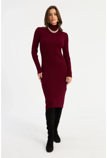 Kadın Bordo Triko Midi Elbise YV303