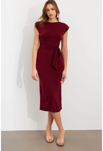 Kadın Bordo Vatkalı Kuşaklı Midi Elbise UG713