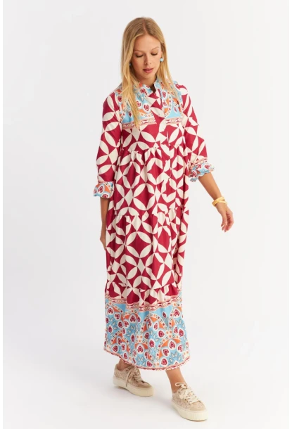 Kadın Bordo Volanlı Desenli Maxi Elbise MYLE14