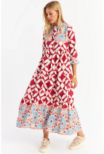 Kadın Bordo Volanlı Desenli Maxi Elbise MYLE14