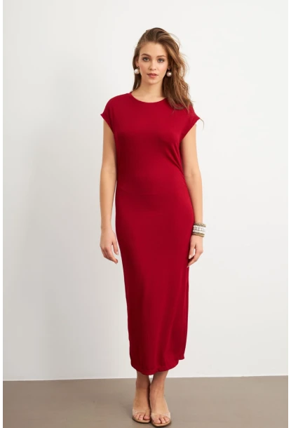 Kadın Bordo Yanları Büzgülü Midi Elbise MK35