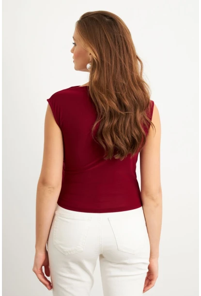 Kadın Bordo Yarım Balıkçı Desenli Bluz LPP1205