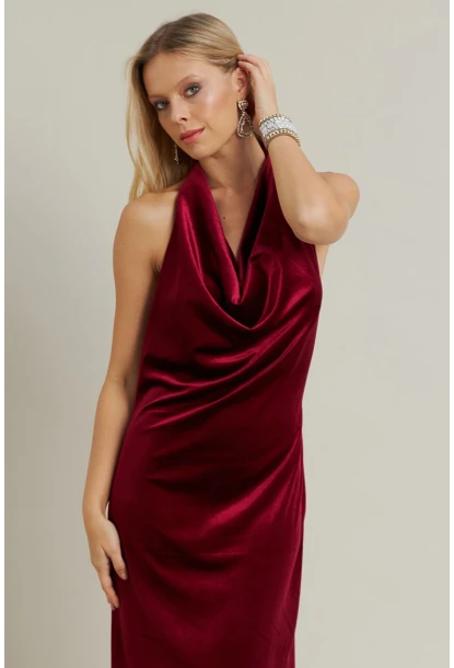 Kadın Bordo Yılbaşı Degaje Yaka Uzun Elbise GÇ197