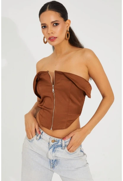 Kadın Bronz Fermuarlı Straplez Crop Bluz SF2502