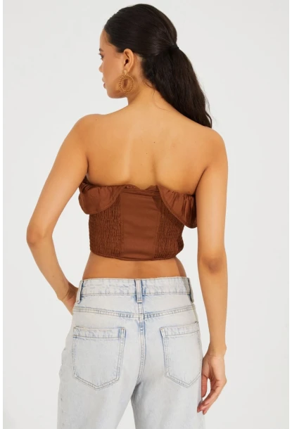 Kadın Bronz Fermuarlı Straplez Crop Bluz SF2502