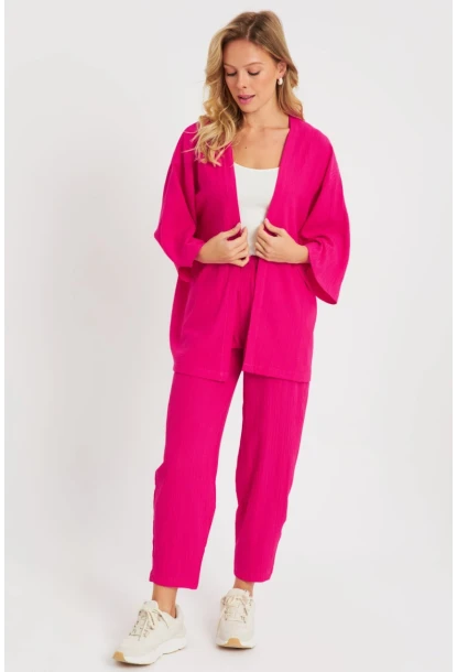 Kadın Bürümcük Kimono Takım Fuşya Q983