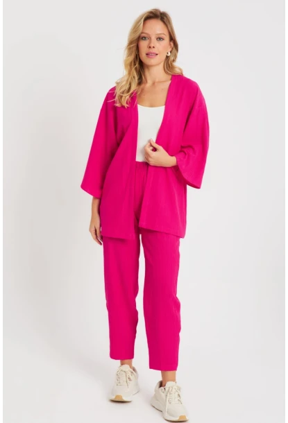Kadın Bürümcük Kimono Takım Fuşya Q983