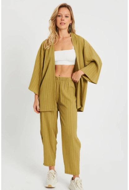 Kadın Bürümcük Kimono Takım Haki Q983