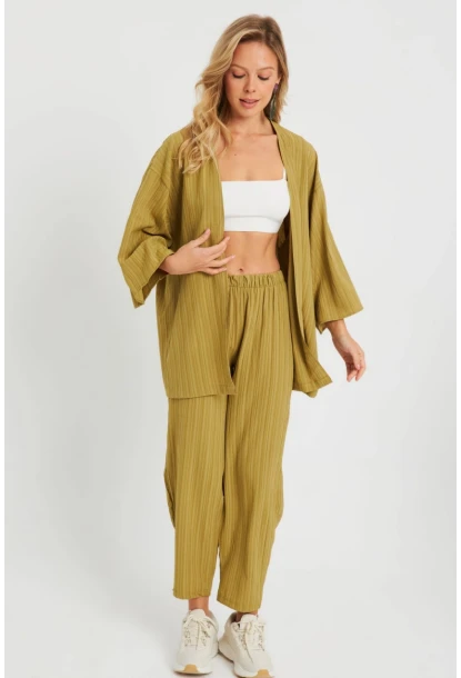 Kadın Bürümcük Kimono Takım Haki Q983