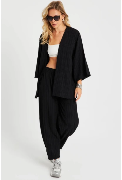 Kadın Bürümcük Kimono Takım Siyah Q983