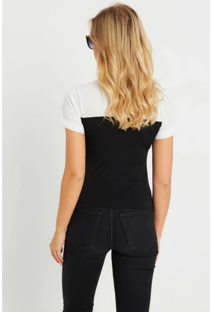 Kadın Büzgülü T-Shirt Bluz Siyah-Beyaz KS117