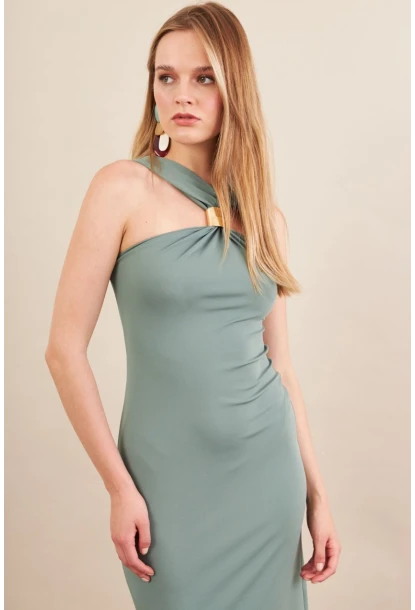 Kadın Çağla Yeşili Aksesuarlı Midi Elbise İRE101