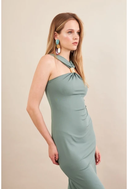 Kadın Çağla Yeşili Aksesuarlı Midi Elbise İRE101
