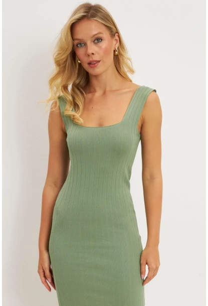 Kadın Çağla Yeşili Kare Yaka Triko Mini Elbise YV225