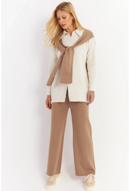 Kadın Camel Atkılı Triko Hırka Alt Üst Takım NUV20