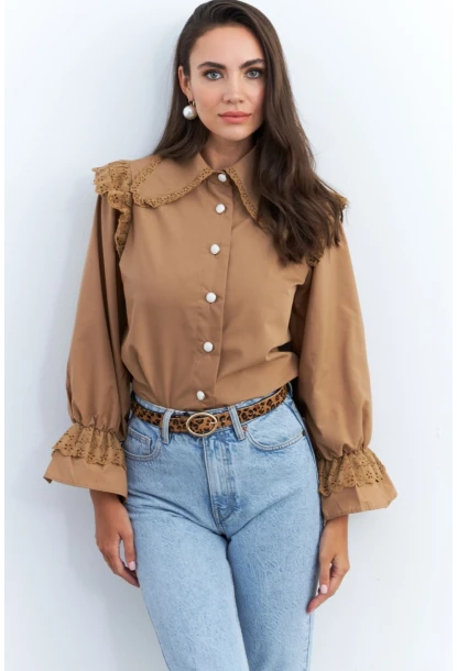 Kadın Camel Bebe Yaka Dantelli Gömlek MQS1839