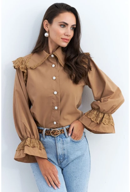 Kadın Camel Bebe Yaka Dantelli Gömlek MQS1839