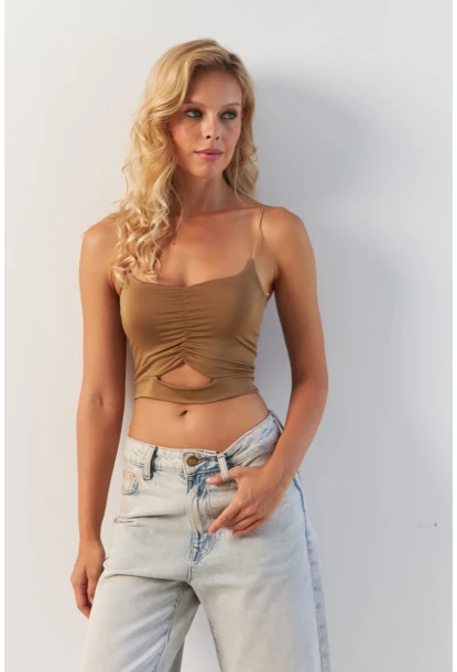 Kadın Camel Büzgülü Crop Bluz MSH125