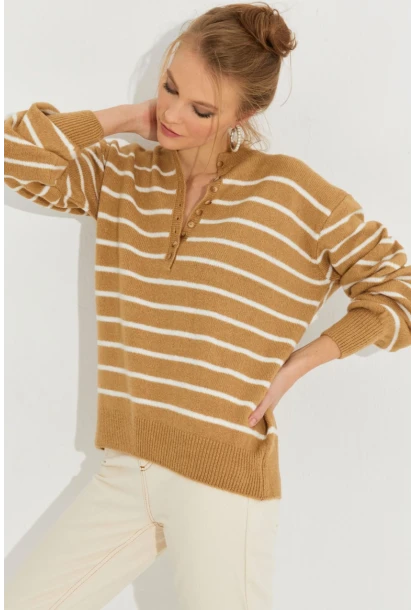 Kadın Camel Çizgili Triko Kazak SMT219