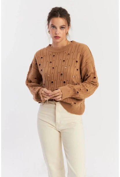 Kadın Camel Çizgili Yırtık Triko Kazak PP2342