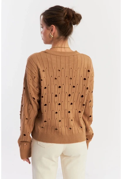 Kadın Camel Çizgili Yırtık Triko Kazak PP2342