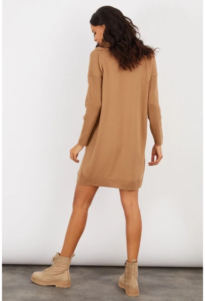 Kadın Camel Degaje Yaka Triko Mini Elbise YV73