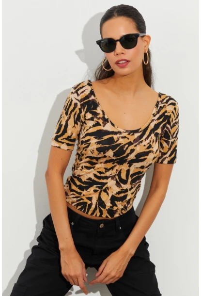 Kadın Camel Desenli Bluz LPP1224