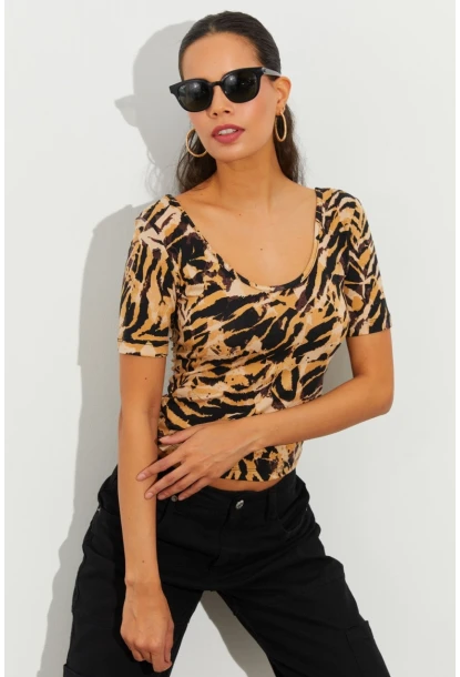 Kadın Camel Desenli Bluz LPP1224