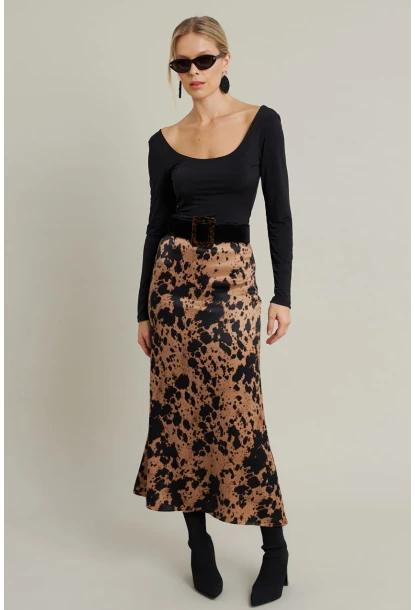Kadın Camel Desenli Saten Etek CAR1060